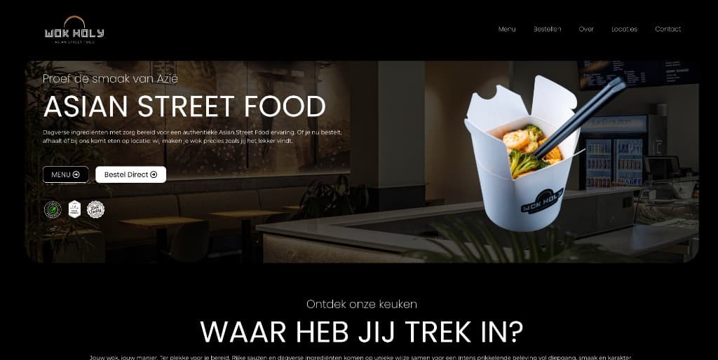 Wok Holy — dark-mode restaurant site with hero, menu CTAs and brand imagery